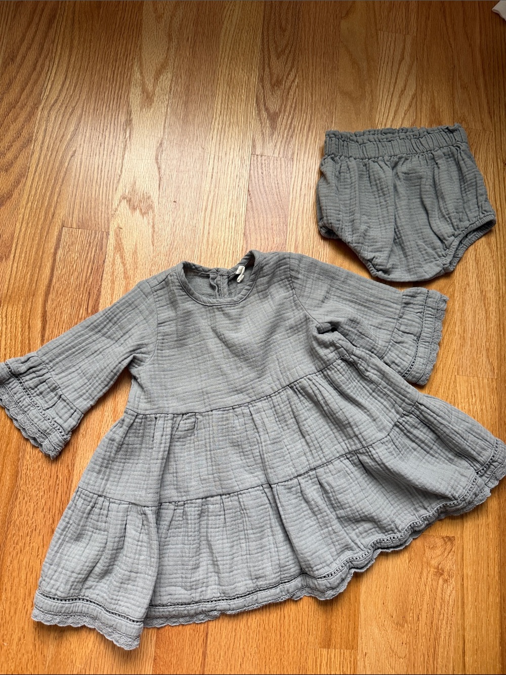 Quincy Mae Soft Gauze Tiered Baby Dress in Light Blue/Gray with Bloomers